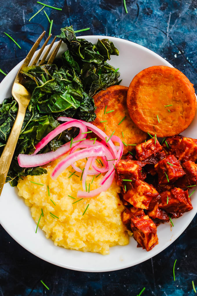 Southern BBQ Tofu Bowl with Vegan Grits & Collard Greens