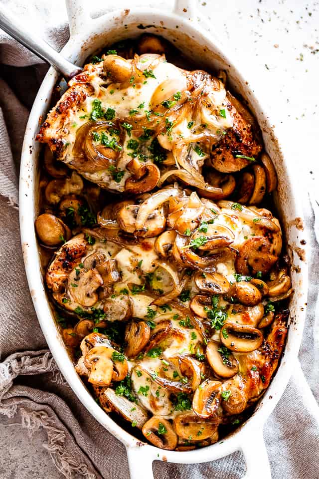 Easy Cheesy Baked Chicken Breasts with Mushrooms