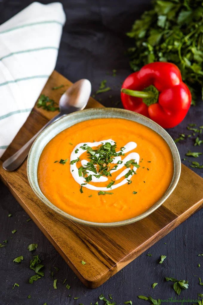 Vegan Cauliflower Soup with Roasted Red Peppers