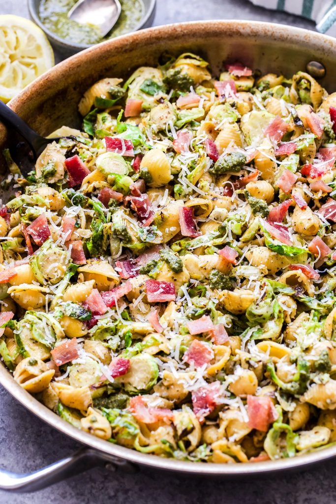 Brussels Sprouts and Bacon Pesto Pasta